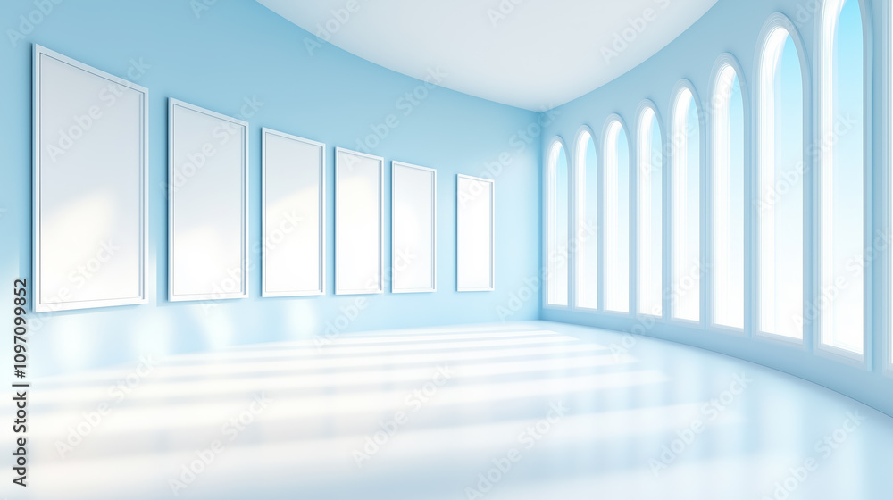 Poster bright gallery space with empty frames and curved walls
