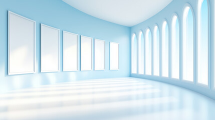 Obraz premium Bright gallery space with empty frames and curved walls