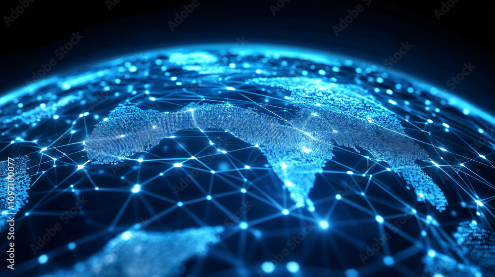 Poster Futuristic digital world globe rotating, visualizing global network connections and big data exchange