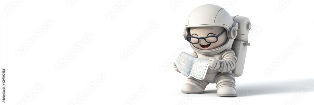 Poster a cheerful astronaut character reading a map, exploring new adventures.