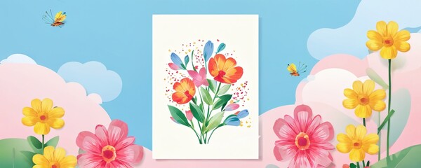 Colorful floral artwork surrounded by blooming flowers and a bright sky