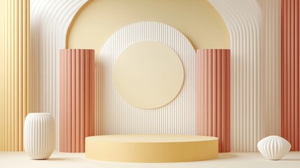 A minimalist, pastel-hued stage with curved elements for presentations or displays.