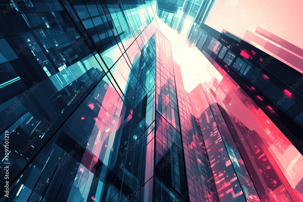 Poster Abstract depiction of futuristic skyscrapers with vibrant colors and geometric patterns.