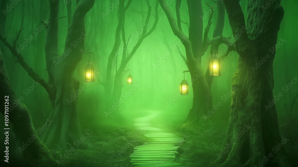 Poster mysterious forest path illuminated by glowing lanterns