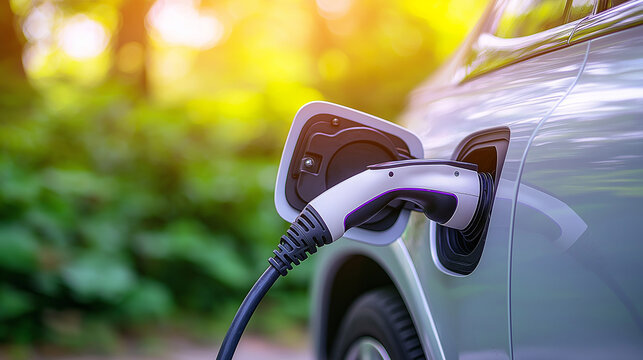 Elektroauto beim Laden in einer gr&uuml;nen Umgebung

