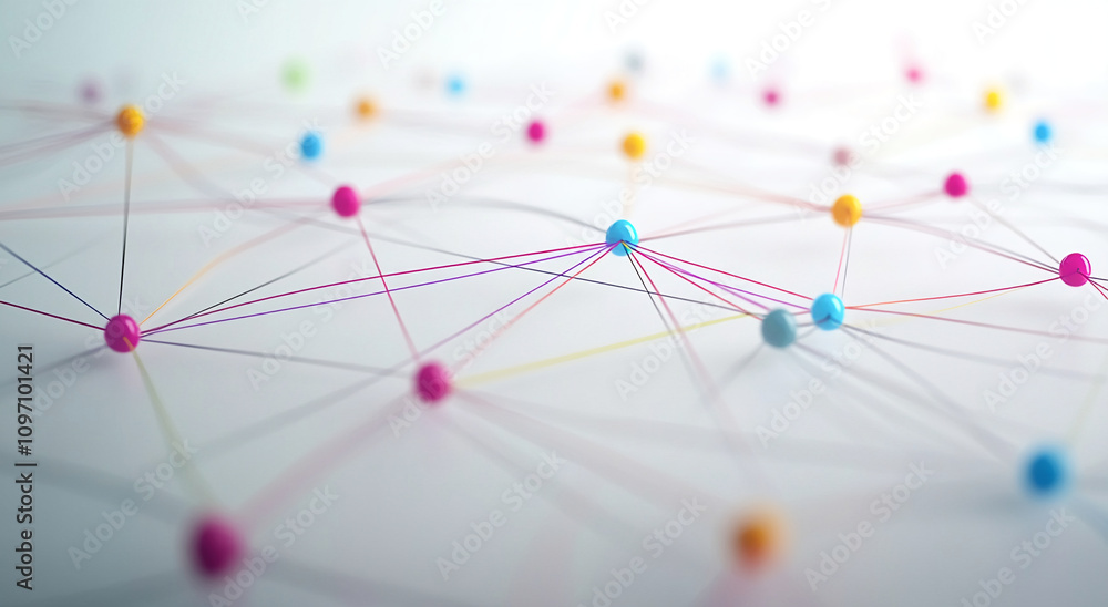 Poster Colorful network of interconnected nodes illustrating digital communication and data flow