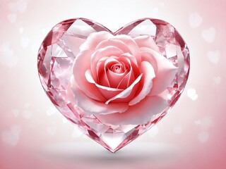 Beautiful pink rose enclosed in a sparkling crystal heart against a soft pastel background