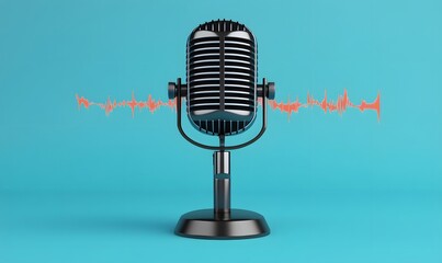 vintage-style microphone with a retro waveform graphic against a classic blue background