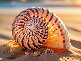 Beautifully patterned seashell resting on golden sand during sunset by the beach