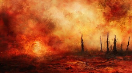 Fototapeta premium A dramatic landscape of fiery hues, showcasing burnt trees against a glowing orange sky.