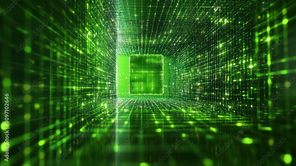 Aufkleber a digital tunnel of green light, representing data flow and technology.