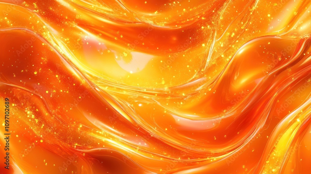 Poster A vibrant, flowing abstract design with orange hues and sparkling highlights.
