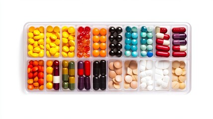 Daily pill box with colorful pills, tablets, and capsules. Medication for treatment and cure of diseases, isolated on white background with copy space. 