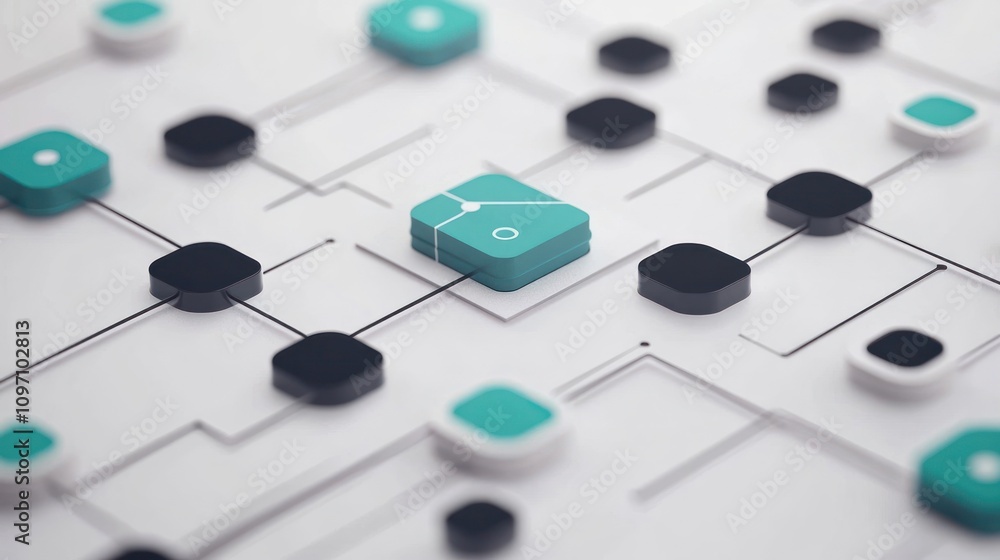 Poster Abstract digital network design featuring interconnected geometric shapes in teal and black.