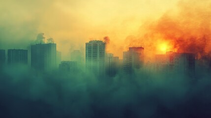 Fototapeta premium Urban skyline shrouded in fog with a dramatic sunset casting orange hues, creating a haunting atmosphere.