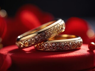 Elegant wedding rings displayed on a red velvet cushion with a romantic background