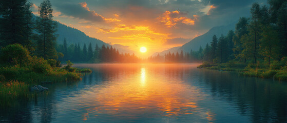 Fototapeta premium Serene Sunset Over Mountain Lake