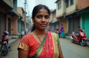 Young Indian woman red sari gold jewelry stands street. She smiles looks camera. City background blurred. Portrait photo of attractive female. South Asian culture India.