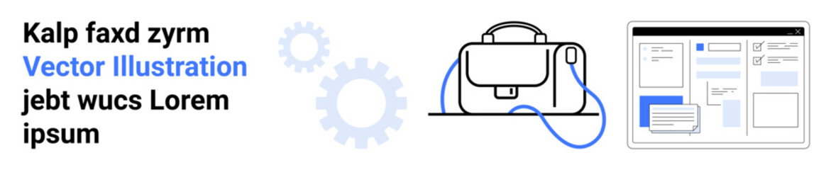 Briefcase with blue handle, two grey gears, web layout mockup. Ideal for website design, project management, business strategy, digital marketing, user interface, technology blogs, portfolio. Landing