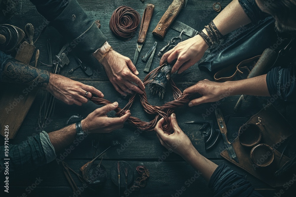 Poster hands collaborating on crafting leather goods using tools and materials on a wooden table.