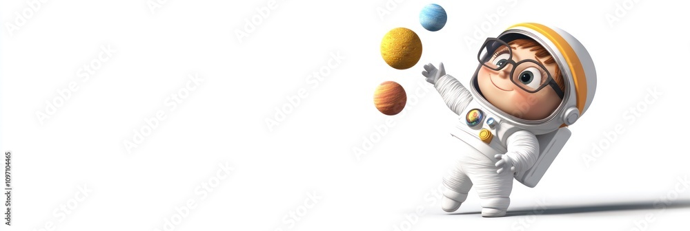 Poster A cartoon child in a spacesuit juggling colorful planets, representing exploration and imagination.