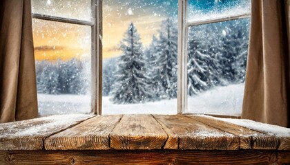 Serene Empty Table with Frosted Winter Window View in Background - A Tranquil Scene Highlighting Seasonal Charm and Peaceful Ambience in a Cozy, Snow-Kissed Interior Setting