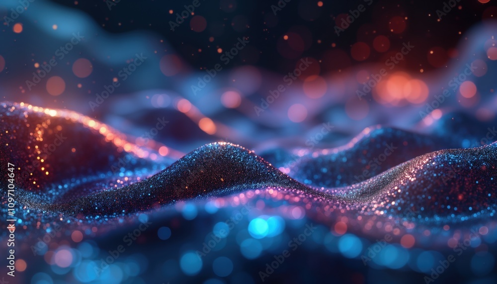 Leinwandbilder abstract liquid metallic surface glows blue red. dark background features wavy texture. holographic 