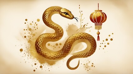 Golden watercolor snake painted in oriental brushstroke style. Year of the snake