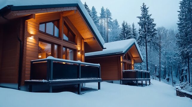 Cozy snowcovered wooden cabin near a ski resort with lights on captured in the evening