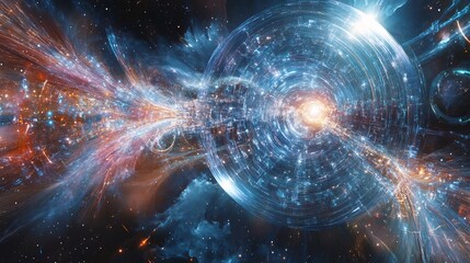Fototapeta premium Advanced AI Quantum Computing Depicting Type III Civilization Energy Harnessing and Spacetime Manipulation with Cosmic Strings in a Futuristic Sci-Fi Setting