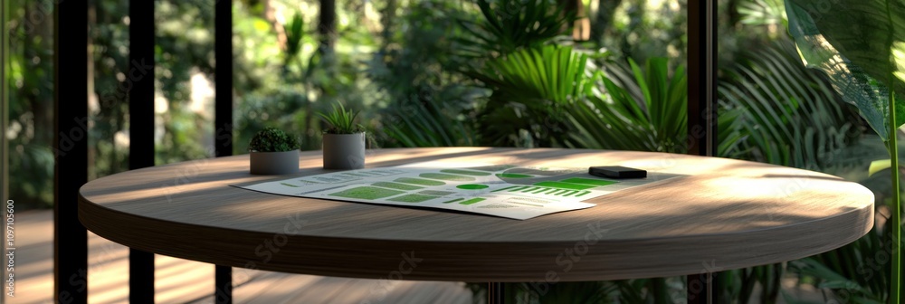 Poster a serene workspace surrounded by greenery, featuring a table with a layout and plants.