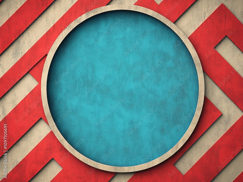 Poster abstract design featuring a circular blue area surrounded by red and beige patterns.