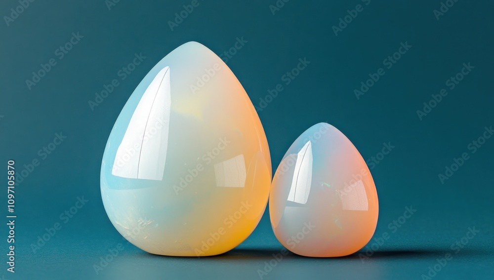 Poster two glossy, egg-shaped objects in soft pastel colors against a blue background.