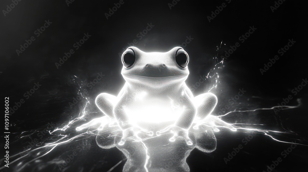Poster a stylized black and white image of a frog surrounded by a glowing splash effect.