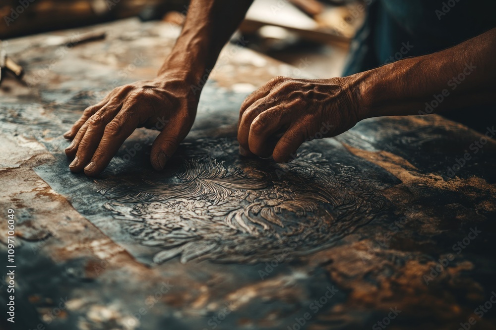 Aufkleber Hands working on a textured surface, likely in a craft or printing process.