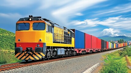 Naklejka premium Global business logistics involves the movement of goods through various transportation modes, including container cargo freight trains, air cargo, rail transportation, and maritime shipping