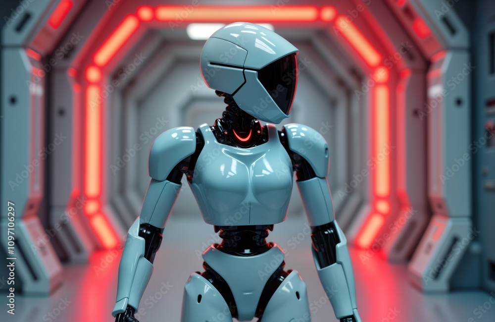 Poster female robot stands in futuristic corridor. ai humanoid walks in sci-fi space. cyberpunk android in 