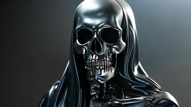 A black, glossy skeletal figure wearing a shroud, resembling a grim reaper or a stylized representation of death.