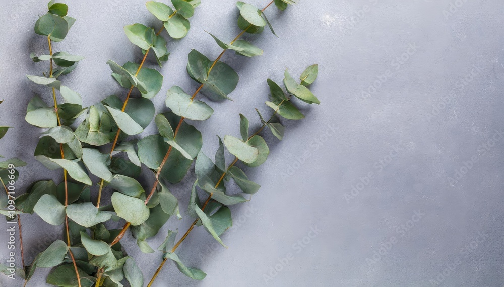 Aufkleber elegant eucalyptus branches arranged on a soft pastel gray background with ample copy space. a minim