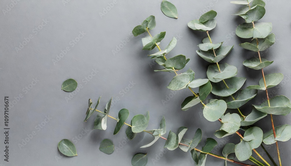 Poster elegant eucalyptus branches arranged on a soft pastel gray background with ample copy space, capture