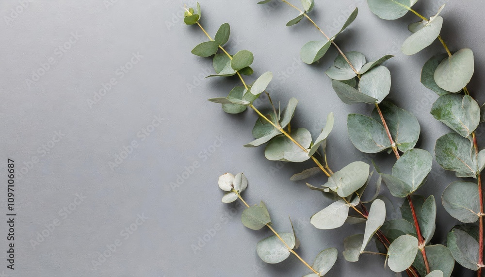 Poster elegant eucalyptus branches arranged on a soft pastel gray background with ample copy space, capture