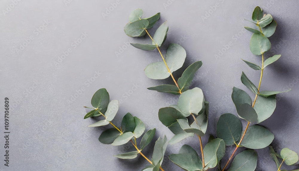 Poster elegant eucalyptus branches arranged on a pastel gray background with ample copy space â€“ ideal for