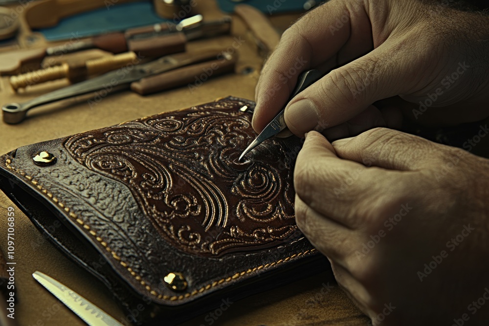 Poster a craftsman intricately embossing a leather wallet with decorative patterns.