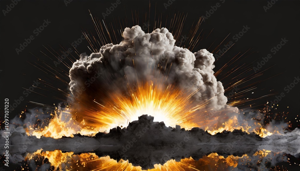 Poster explosion border isolated on transparent background with fiery effects and smoke clouds for dynamic 