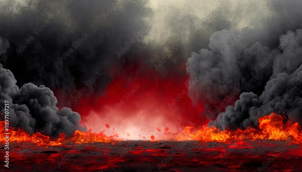 Poster dynamic explosion scene featuring a border of intense dark smoke and glowing red lava, capturing a d