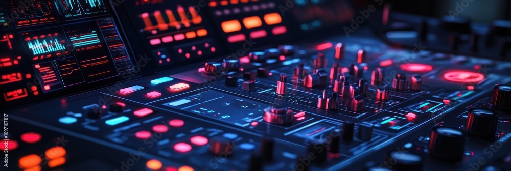 Poster A close-up of a colorful electronic music production interface with knobs and screens.