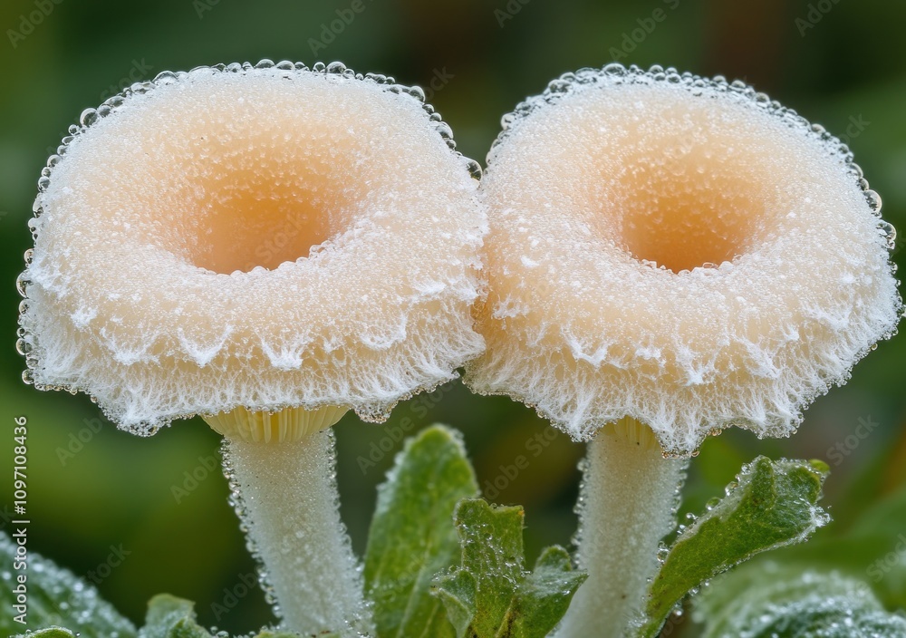 Poster close-up of two mushroom caps adorned with droplets of water.