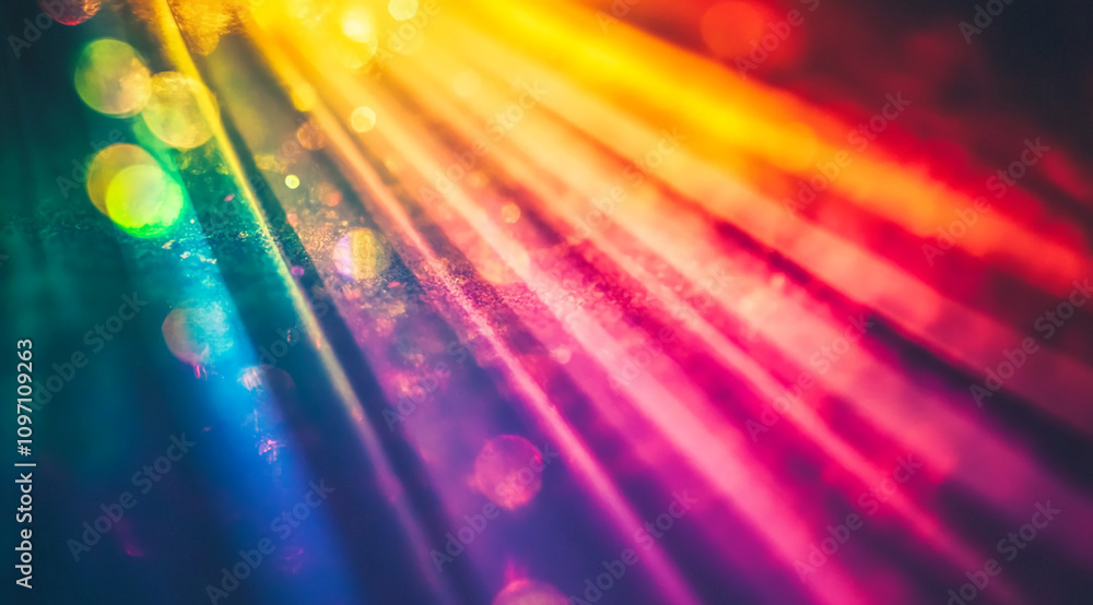 Poster colorful abstract light rays with bokeh effects creating a vibrant atmosphere in a blurred backgroun