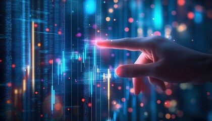 Office Worker Interacts With Virtual Hud Display Showing Stock Market Changes And Candlestick Graphs, Double Exposure Of Blue And White S