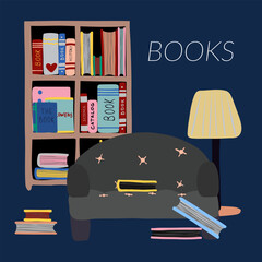 Sofa bookshelf books lamp cozy vector artwork 